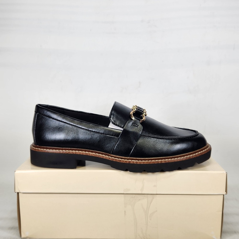 Anne Klein Ezra Loafers Women Size 8.5 Black Smooth Gold Bit Lug Sole